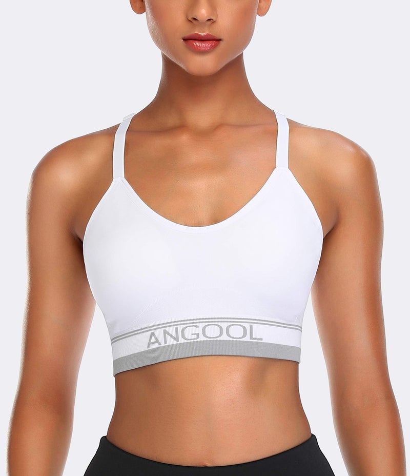 ANGOOL Strappy Sports Bra for Women, Longline Medium Support Yoga Bra Wirefree Padded Sports Bra with Adjustable Straps White 3 Pack - Image 5